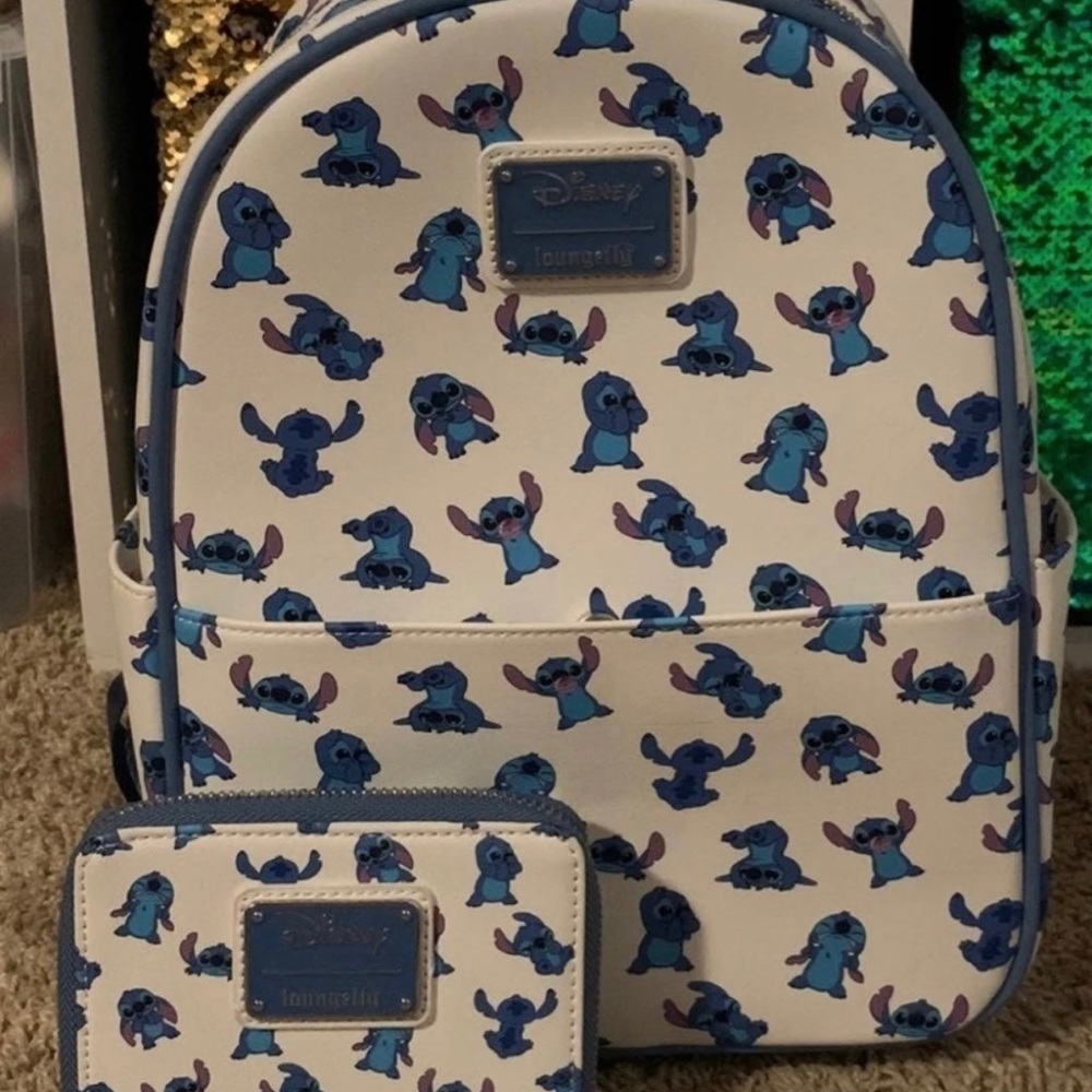 Loungefly Disney Stitch Blue and White Backpack With Wallet Set